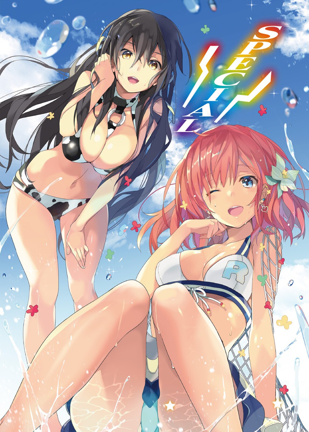 aikawa_shuuko asagiri_ririko big_breasts black_hair blue_eyes ecstas_online golden_eyes ponytail reddish_hair smile summer swimsuit taira_tsukune