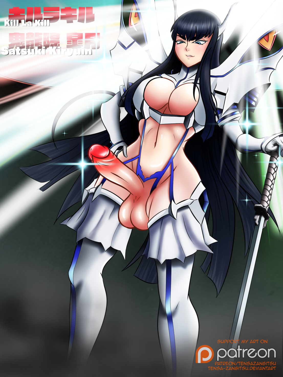 1futa, bakuzan, balls, big breasts, blush, breasts, busty, cleavage, erection, futa only, futanari, garter straps, intersex, junketsu, kill la kill, kiryuuin satsuki, large breasts, navel, penis, solo, solo futa, suspenders, tensa-zangitsu, testicles, voluptuous