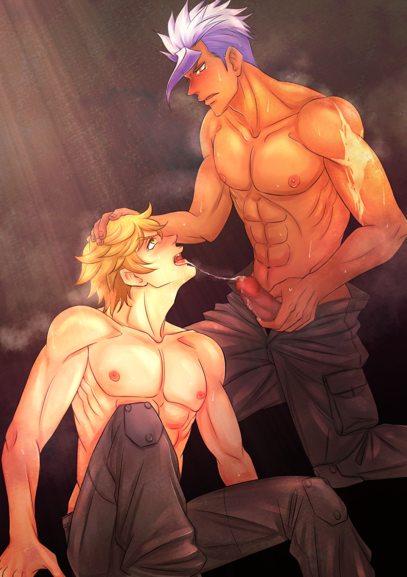 2boys abs bara blush cum erection gundam hand_on_head male male_focus male_only multiple_boys muscle muscles nashi pecs penis saliva steam sweat tagme topless undressing yaoi