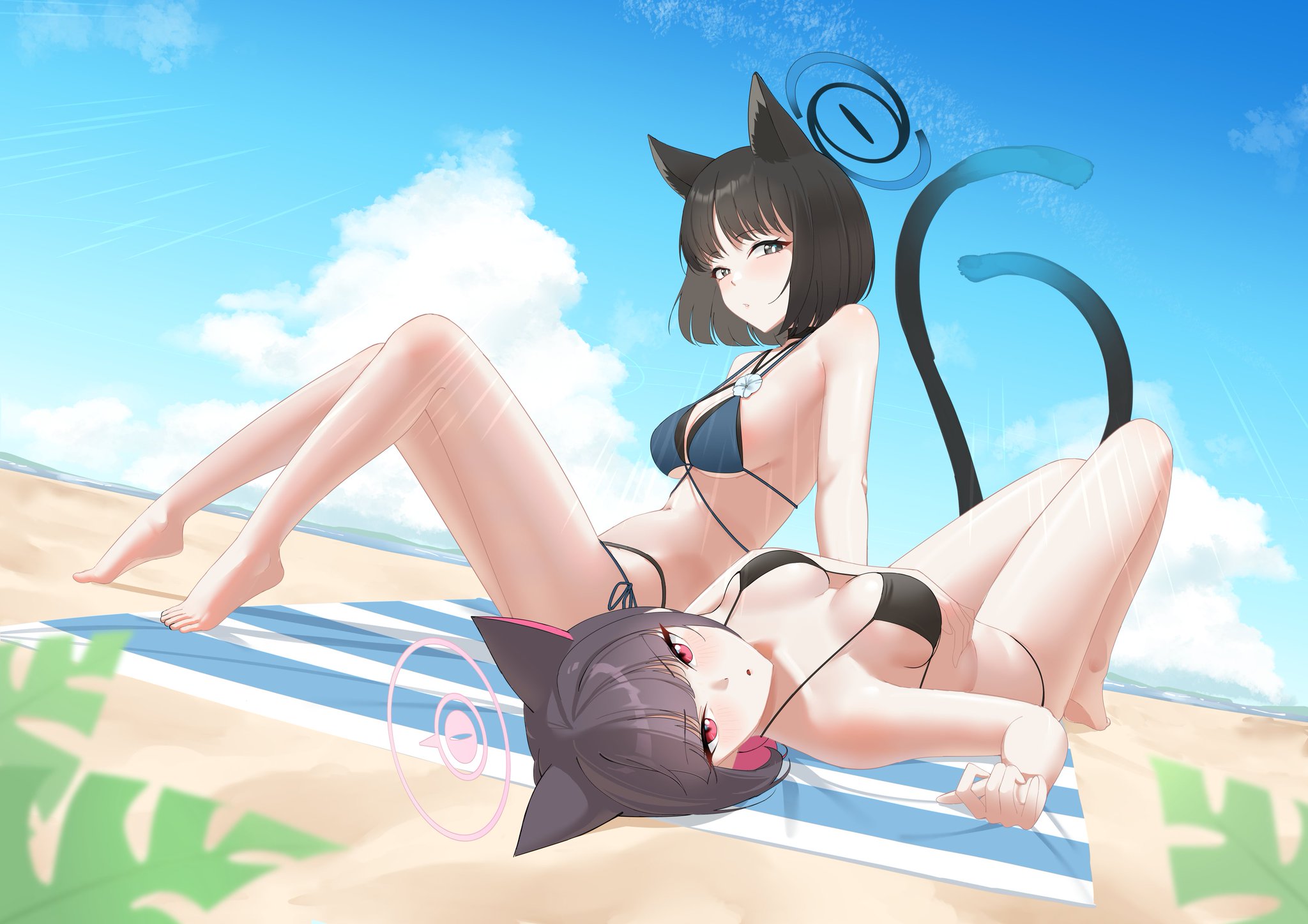 animal ears, animal tail, big ass, big butt, big titties, bikini, black hair, blue archive, breasts, clothing, curvaceous, curvaceous female, curvaceous figure, curvy, curvy figure, curvy hips, female, female focus, female only, halloween, kazusa (blue archive), kikyou (blue archive), necropoi, short hair, underwear