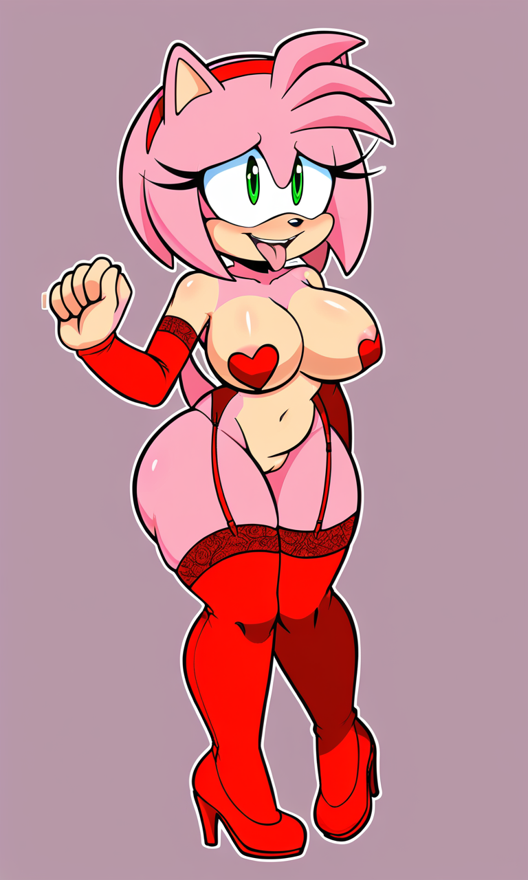 ahe_gao ahegao_face ai_generated amy_rose armwear big_breasts female female_only legwear lingerie pixai purple_background pussy red_armwear red_heels red_legwear red_lingerie red_thighhighs sonic_(series) sonic_the_hedgehog_(series) thighhighs wide_hips