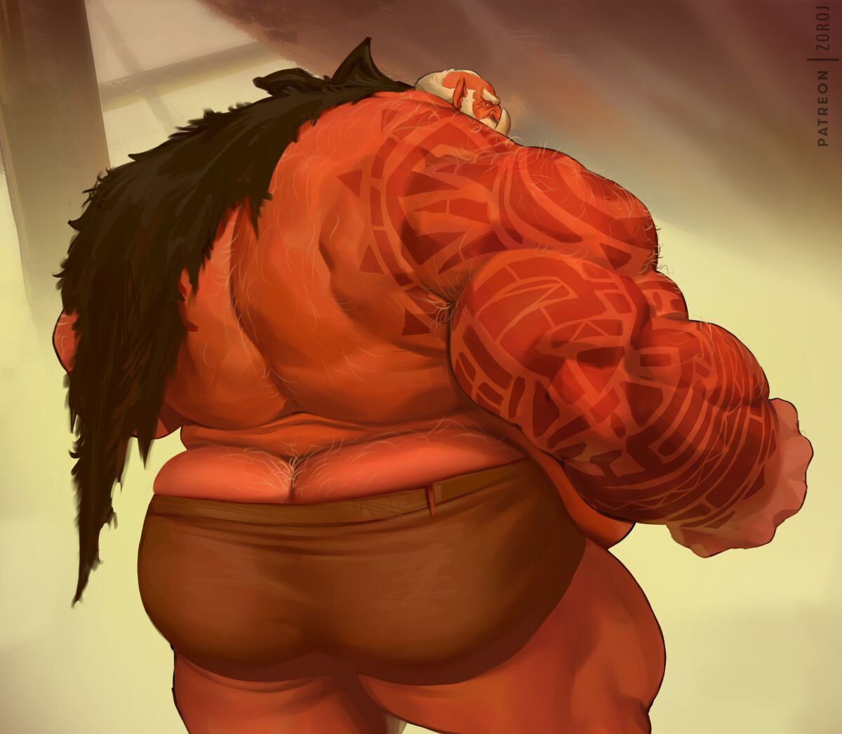 1boy beard big_belly big_teeth hairy hairy_ass male male_only muscular naked older_male orange_body orange_skin orc_(warcraft) orc_male overweight overweight_male tattoo topless warcraft yeti zoroj