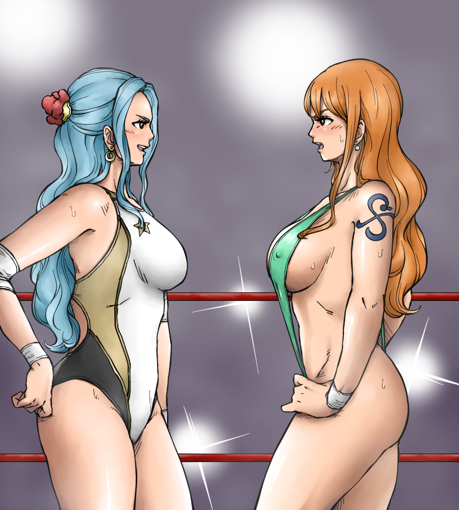 breasts breasts_out catfight defeated defeated_heroine female female_only humiliating humiliation jojoba nami nami_(one_piece) nefertari_vivi nude nude_female one_piece sideboob singlet spread_legs staredown sweat sweaty sweaty_body wrestling wrestling_femdom wrestling_ring wrestling_singlet wrestlingryona yuri