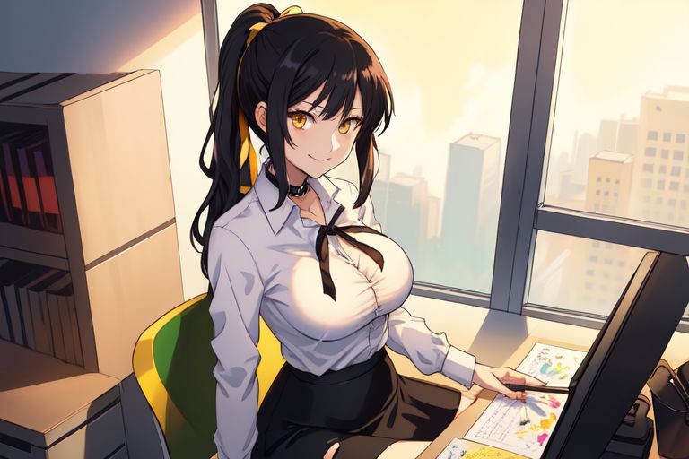 ai_generated aikawa_shuuko big_breasts black_hair ecstas_online golden_eyes office_lady ponytail torn_clothes