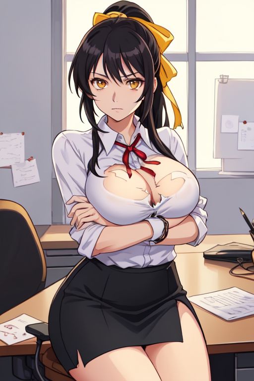 ai_generated aikawa_shuuko big_breasts black_hair ecstas_online golden_eyes office_lady ponytail torn_clothes yellow_ribbon