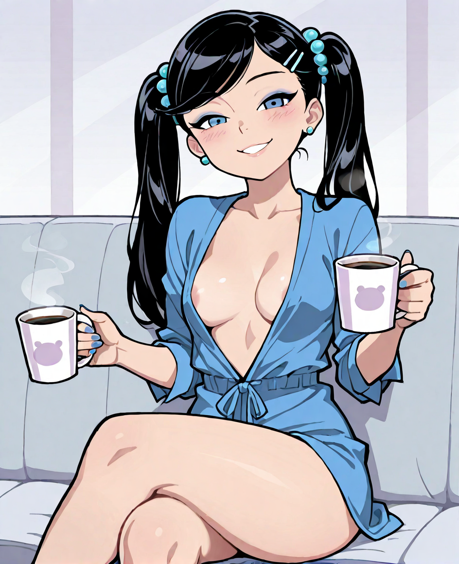 1girls ai_generated black_hair blue_eyes breasts breasts_apart coffee_mug looking_at_viewer robe smile stable_diffusion twintails