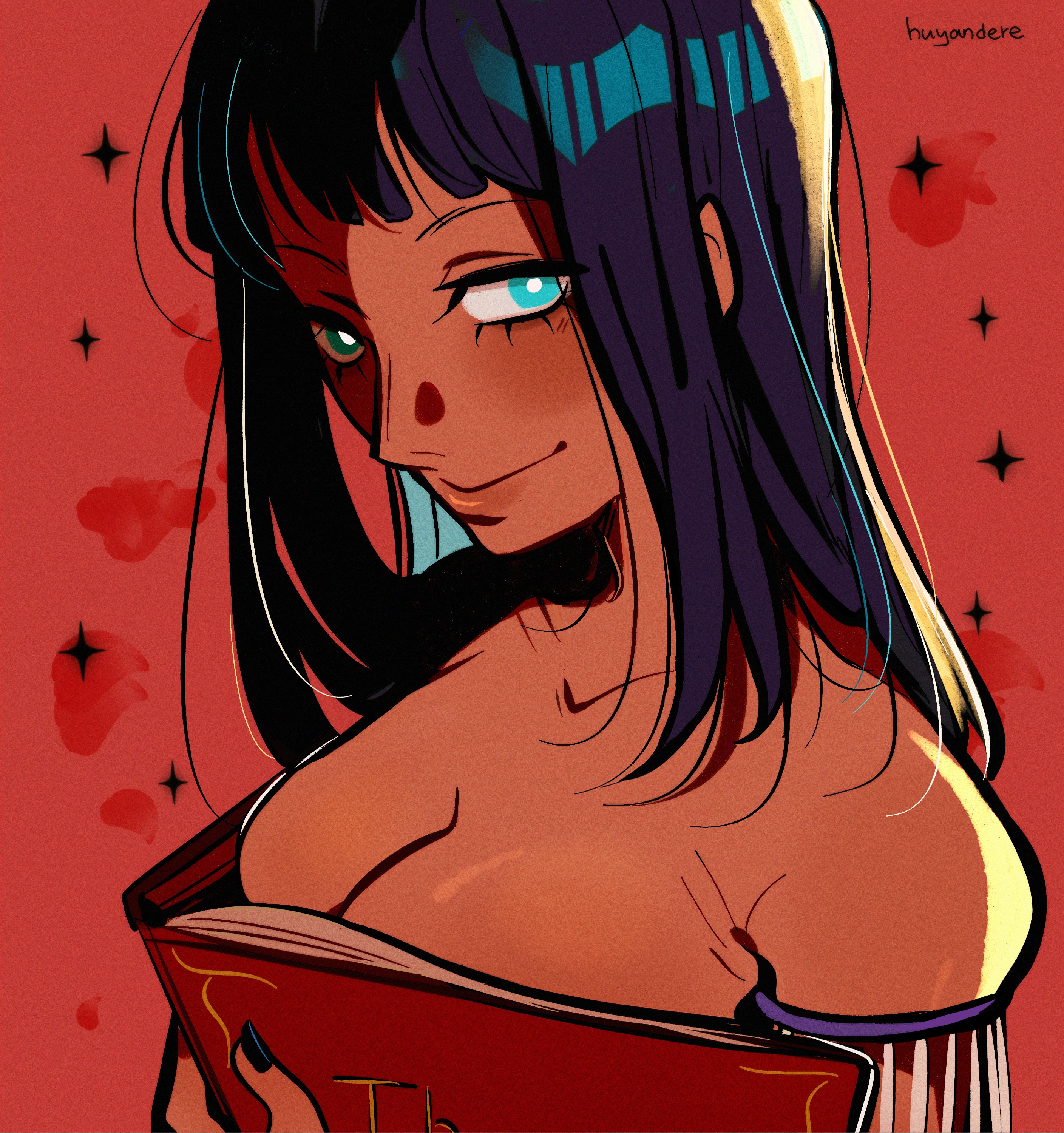 1girls, big breasts, black hair, black-haired female, blue eyes, book, book covering breasts, breasts, clothing, dark skin, dark-skinned female, female, female only, horny, huyandere, meme, nico robin, one piece, ouch meme, pre-timeskip, tan body, tan skin