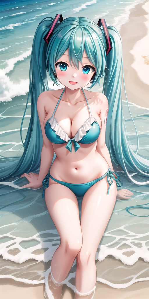 ai_generated beach belly blue_bikini hatsune_miku legs long_hair sand sitting smile water waves