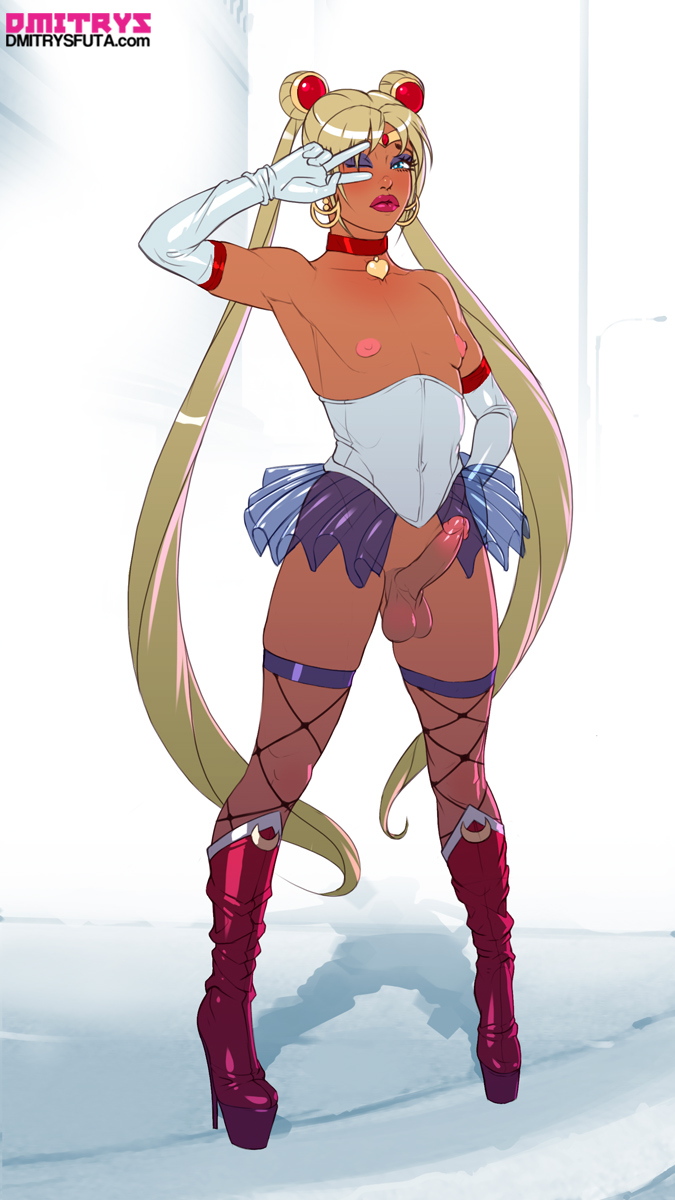 1boy, androgynous, areola, balls, bishoujo senshi sailor moon, boots, clothing, corset, cosplay, crossdressing, crossplay, dark skin, dark-skinned femboy, dark-skinned male, dark-skinned sissy, dark-skinned sub, dmitrys, elbow gloves, erection, eyeliner, eyeshadow, femboy, fishnet, fishnet stockings, fishnets, girly, gloves, high heel boots, high heels, lipstick, makeup, male, male only, nipples, penis, penis under skirt, sailor moon (cosplay), solo, standing, stockings, testicles, thighhighs, tiara, tied hair, trap, twintails, wink