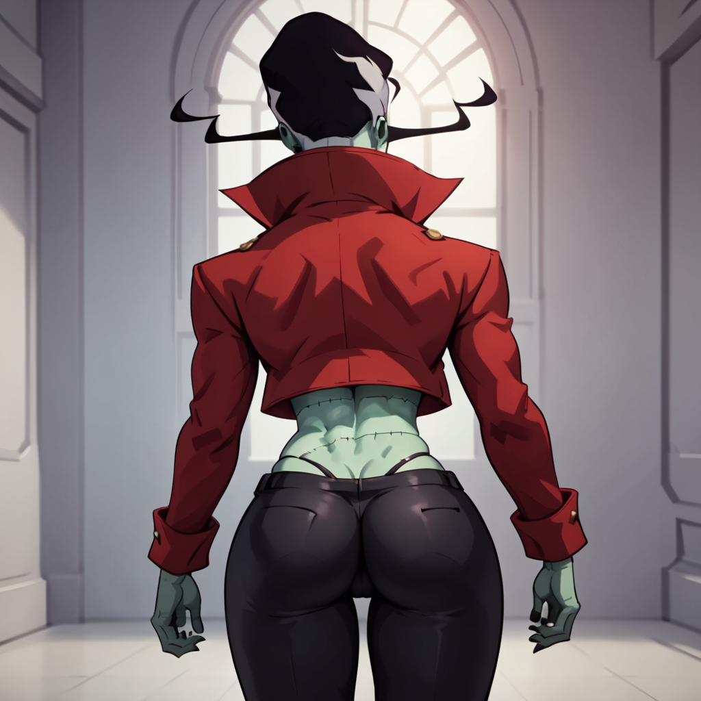 ai ai_generated ass ass_up black_hair civitai creature_commandos dc_comics female muscular_female panties red_bra red_lipstick red_panties solo the_bride thigh_strap toned toned_female white_streak