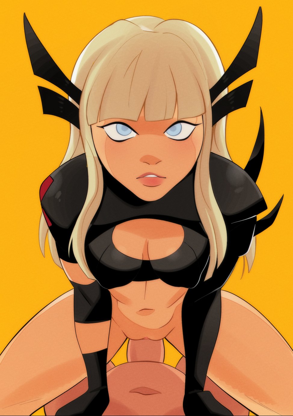 1boy 1girls bangs black_gloves blonde_hair blue_eyes blunt_bangs bottomless breasts cleavage cleavage_cutout clothed_female_nude_male clothing clothing_cutout cowgirl_position dark_skin female gloves large_breasts lips long_hair looking_at_viewer magik_(illyana_rasputin) male marvel medium_breasts navel newguy1091 nude on_top penis pov sex solo_focus spread_legs straddling straight uncensored vagina vaginal_penetration yellow_background