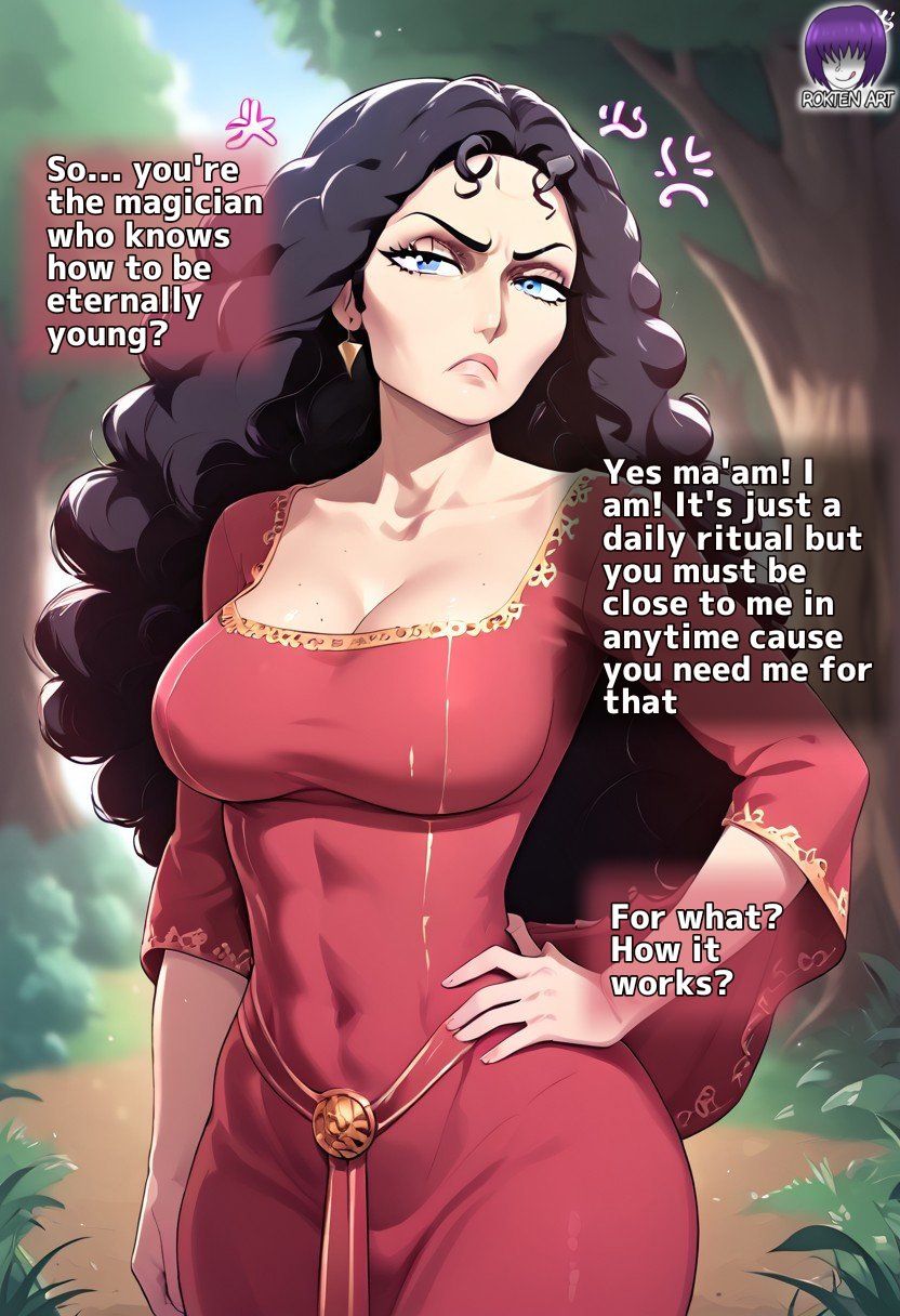 1girls, 2024, ai generated, angry, angry face, big breasts, black hair, blue eyes, child bearing hips, cleavage, dialogue, disney, earrings, female, female only, hand on hip, huge breasts, looking at viewer, milf, mother, mother gothel, rokten art, tangled, text, thick thighs