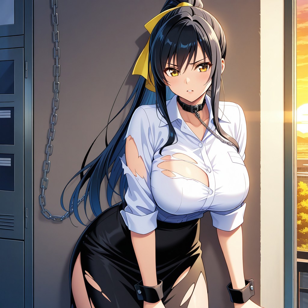 ai_generated aikawa_shuuko big_breasts black_hair chains ecstas_online golden_eyes office office_lady ponytail torn_clothes