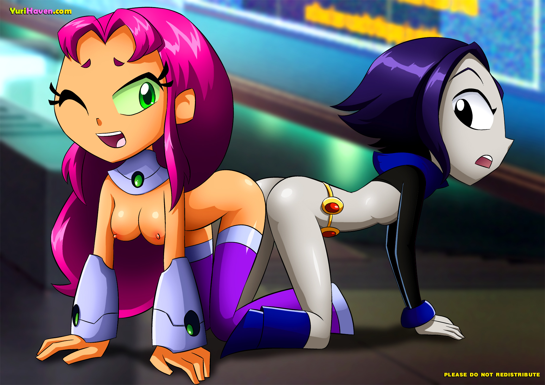 2girls, alien, alien girl, areolae, black eyes, boots, breasts, breasts out, cleavage, dc, dc comics, exposed breasts, female, female only, green eyes, multiple females, multiple girls, pink hair, rachel roth, raven (dc), raven (teen titans go!), smooth skin, starfire, starfire (teen titans go!), tamaranean, teen titans, teen titans go, text, wink, yuri, yurihaven.com