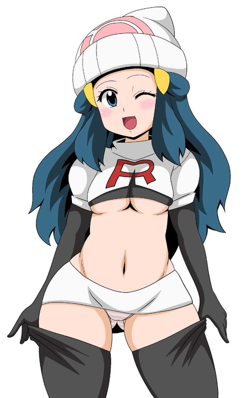 1girls alternate_costume blue_hair boots cosplay dawn_(pokemon) enemy_conversion female female_only high_heel_boots jessie_(pokemon)_(cosplay) koutarosu pokemon solo team_rocket team_rocket_(cosplay) team_rocket_uniform thigh_boots underboob white_background wide_hips