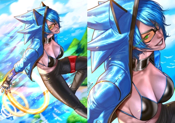 1girls 2025 big_breasts black_bra black_clothing black_pants blue_clothing blue_hair blue_jacket deviantart deviantart_link female glasses green_eyes hibren hood hoodie human humanized large_breasts light-skinned_female long_sleeves necklace neckwear pants rings sega solo sonic_(cosplay) sonic_(series) sonic_the_hedgehog sonic_the_hedgehog_(series)