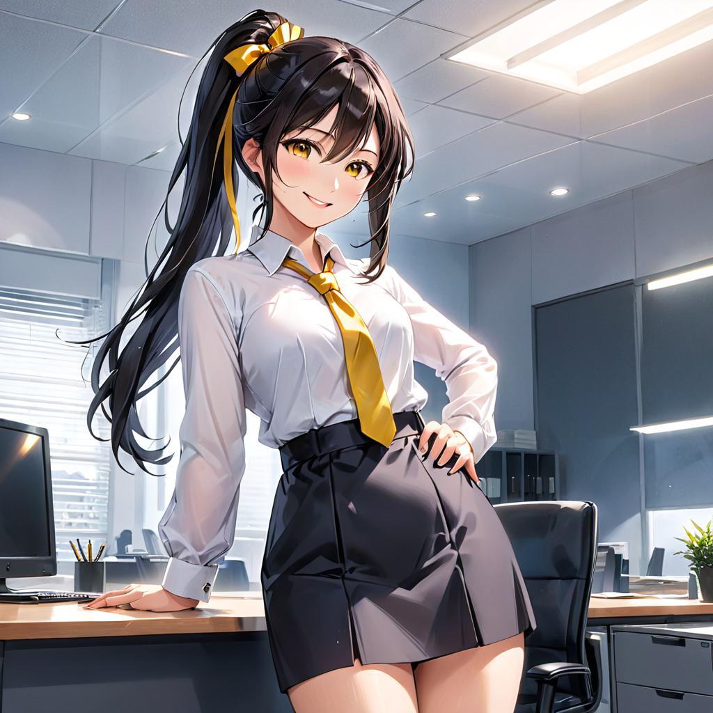 ai_generated aikawa_shuuko big_breasts black_hair ecstas_online golden_eyes office_lady ponytail