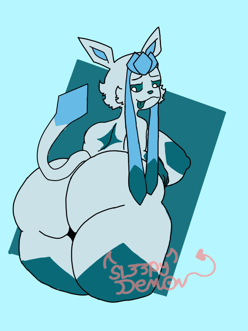 anthro areola ass big_breasts big_butt blue_body blue_fur breasts butt_focus digital_media_(artwork) eeveelution female fur generation_4_pokemon glaceon huge_breasts huge_butt looking_back nintendo nipples nude pokemon pokemon_(species) short_tail simple_background sl33py_demon solo tail thick_thighs wide_hips