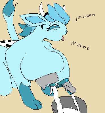 anthro big_breasts blue_nipples bodily_fluids breast_milking breasts duo eeveelution female generation_4_pokemon glaceon lactating low_res milk nintendo nipples pokemon pokemon_(species)