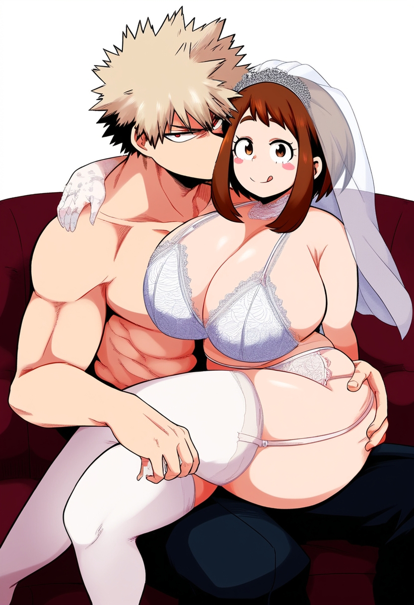 1boy 1girls ai_generated artist_name artist_request bakugou_katsuki big_breasts boku_no_hero_academia female katsuki_bakugou large_breasts licking_lips lingerie male male/female muscular muscular_male my_hero_academia ochako_uraraka on_lap shirtless sitting_on_lap spiky_hair straight tagme thick_thighs thighhighs tight_clothing uraraka_ochako voluptuous voluptuous_female wedding_gloves wedding_lingerie wedding_veil white_lingerie