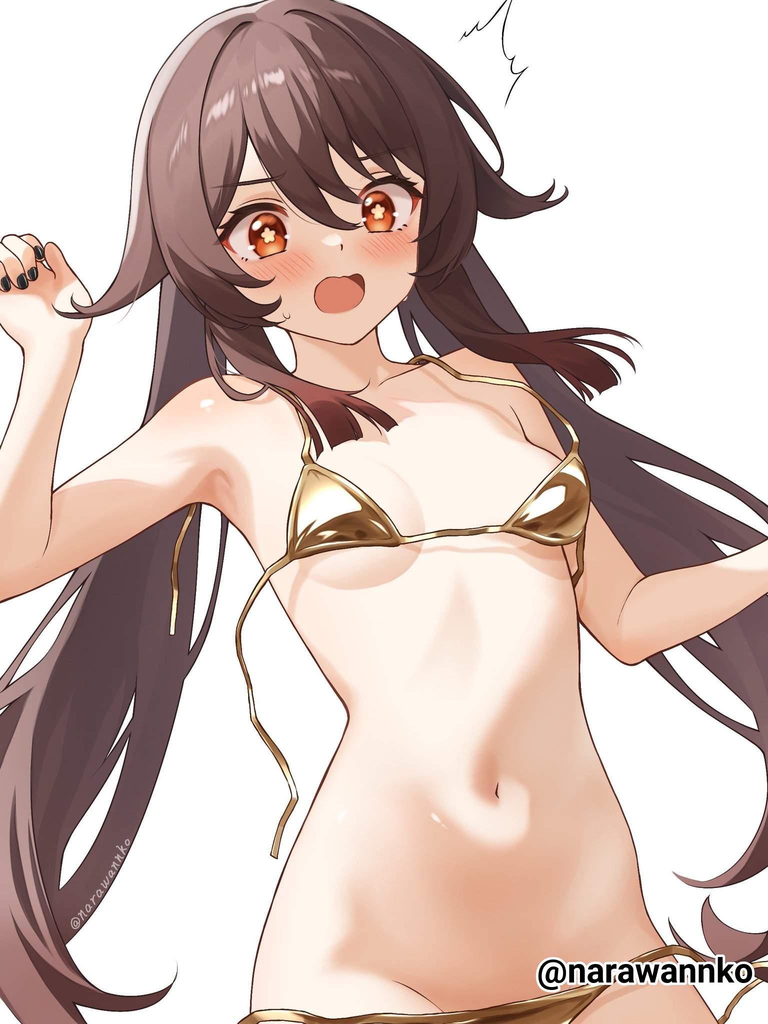 1girls, 2d, 2d (artwork), 2d artwork, almost naked, almost nude, armpit, armpit peek, armpits, bare armpits, bare arms, bare belly, bare chest, bare hands, bare hips, bare legs, bare midriff, bare navel, bare shoulders, bare skin, bare thighs, belly, belly bulge, belly button, bikini, bikini bottom, bikini only, bikini top, black fingernails, black nail polish, black nails, blush, blush face, blushing at viewer, blushing female, blushing lines, breasts, brown hair, brown-haired female, collarbone, curvaceous, curvaceous body, curvaceous female, curvaceous figure, curvaceous hips, curvy, curvy body, curvy female, curvy figure, curvy hips, digital, digital art, digital drawing, digital drawing (artwork), digital media, digital media (artwork), drawing, elbows, embarrassed, embarrassed exposed female, embarrassed expression, embarrassed female, embarrassed nude female, exposed armpits, exposed arms, exposed belly, exposed chest, exposed hips, exposed legs, exposed midriff, exposed navel, exposed shoulders, exposed skin, exposed thighs, eyebrows visible through hair, female, female focus, female only, fingernails, fingers, flustered, flustered female, genshin impact, gold bikini, gold bikini bottom, gold bikini top, gold swimsuit, gold swimwear, hair between eyes, hairless armpits, halterneck, high resolution, highres, hu tao (genshin impact), inguinal crease, inguinal ligament, lean figure, long hair, looking at viewer, looking surprised, midriff, mostly nude, nail polish, nails, naked, naked female, naked woman, narawannko, narrow waist, navel, nearly nude, nude, nude female, nudity, open mouth, parted lips, petite, petite body, petite breasts, petite female, petite girl, petite tits, practically nude, red eyes, red-eyed female, shaved armpits, shoked, shoulders, simple background, slender body, slender waist, slim waist, small breast, small breasts, smooth armpits, solo, standing, star eyes, star-shaped pupils, startled, strap slip, string bikini, surprised, surprised expression, surprised face, surprised look, surprised reaction, swimsuit, swimwear, tiny breasts, tongue, upper body, very long hair, very long hair female, white background, wide hips