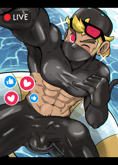 armpits arms_up cap gay livestream male_only masked masked_male pink_eyes rubber rubber_suit