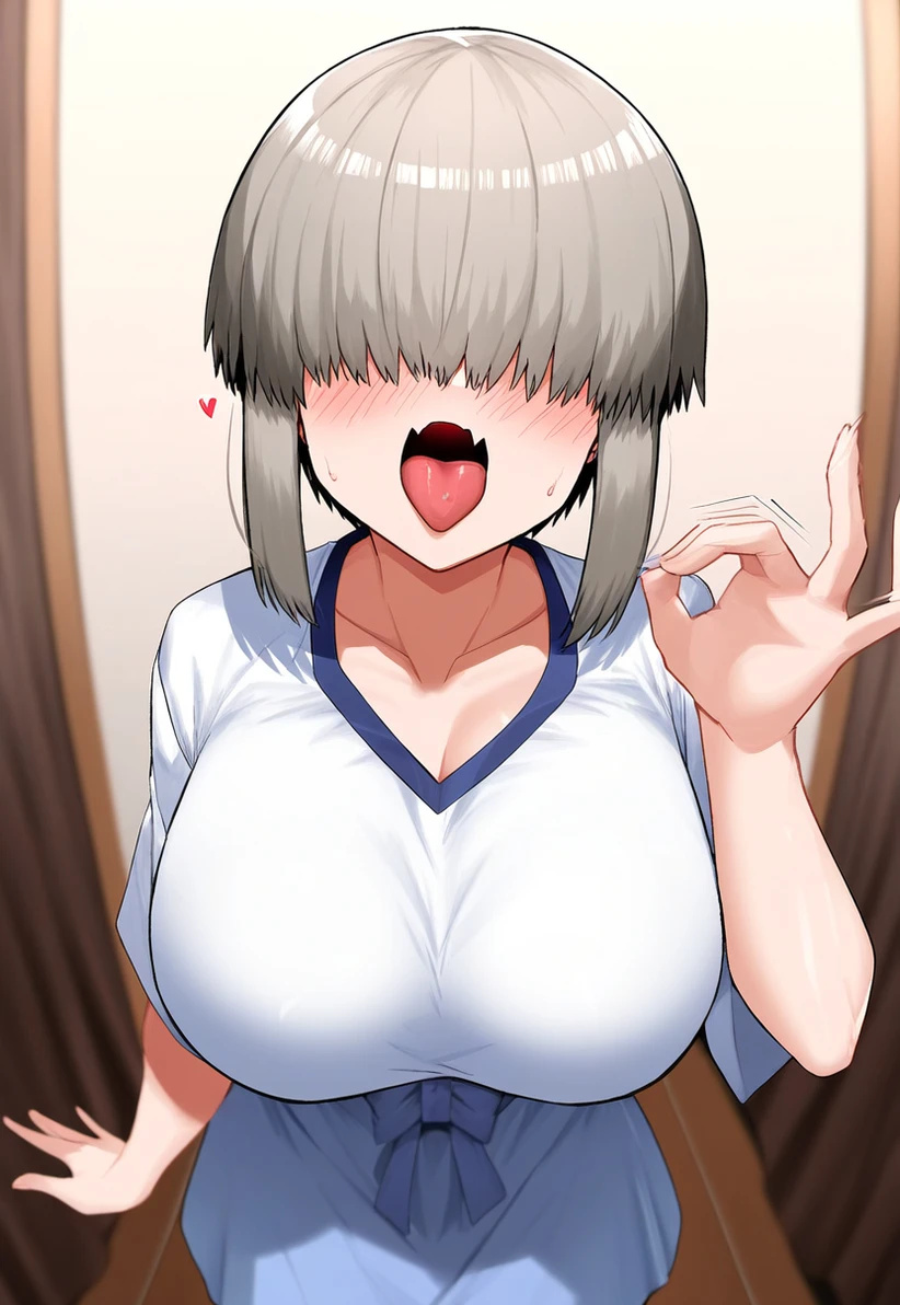 ai_generated artist_request blush fellatio_gesture gigantic_breasts grey_hair hair_over_eyes huge_breasts light-skinned_female light_skin massive_breasts short_hair shortstack solo_female t-shirt thick_body thick_female tongue_out uzaki-chan_wa_asobitai! uzaki_yanagi voluptuous voluptuous_female