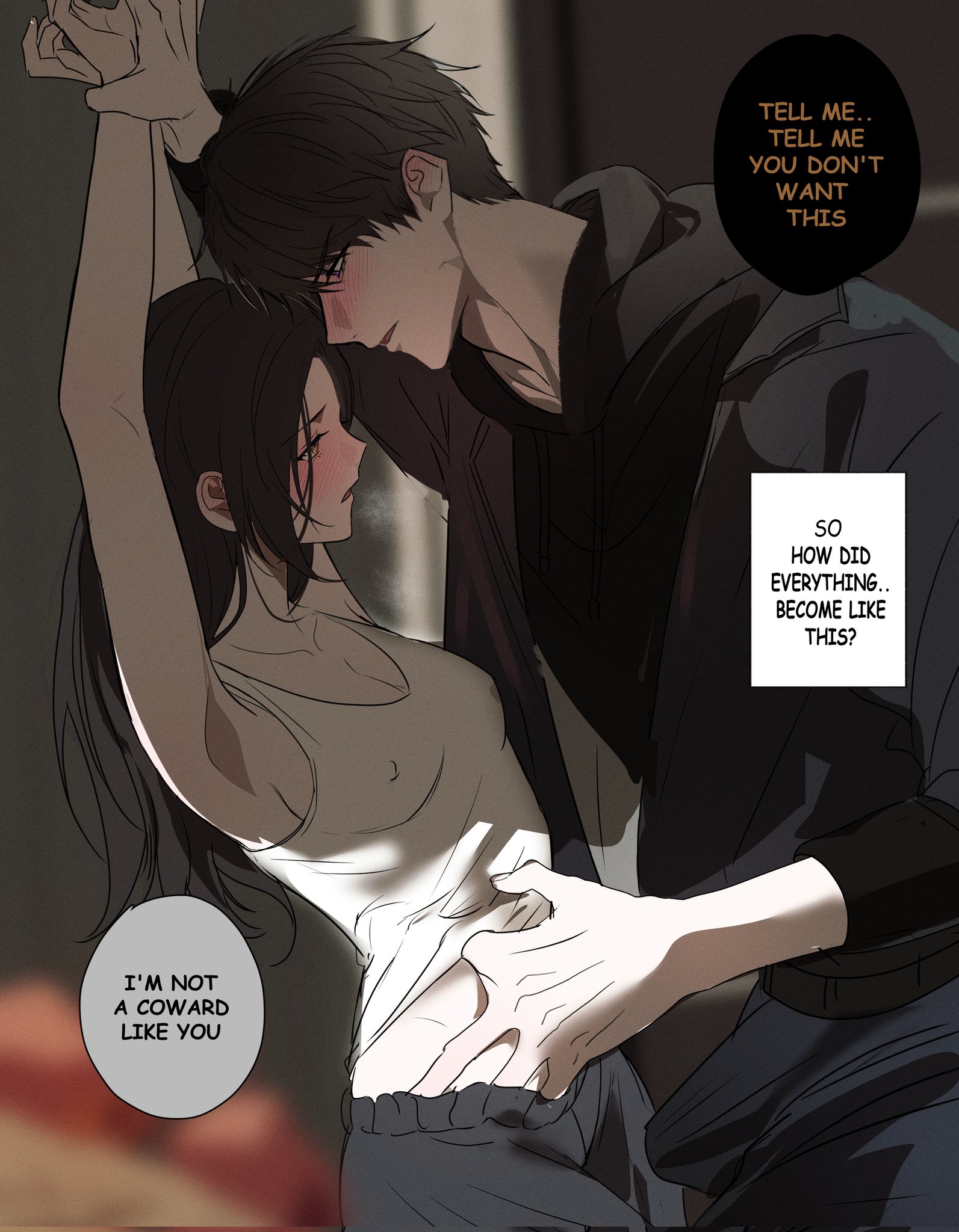 1boy, 1girls, arms up, blush, bulge, caleb (love and deep space), erection under clothes, evil fishie, female, grabbing hand, groping, love and deep space, male, nipples visible through clothing, protagonist (love and deep space)