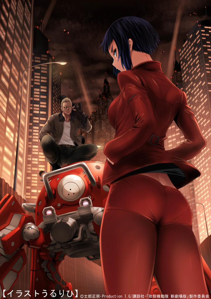 ass batou black_hair blue_eyes building cowboy_shot female from_behind ghost_in_the_shell ghost_in_the_shell_arise hands_in_pockets jacket kusanagi_motoko logicoma looking_back night night_sky pantylines short_hair sky skyscraper squatting standing ulrich_(tagaragakuin)