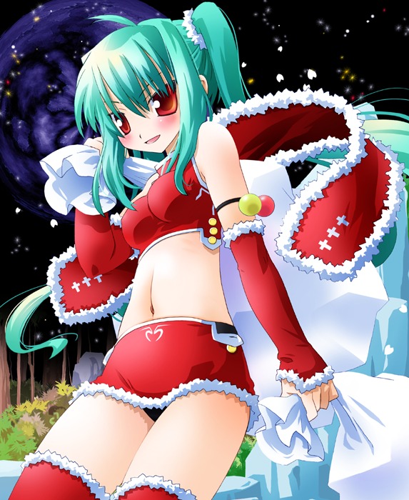 aqua_hair christmas noto_(soranoto) santa_costume thighhighs tied_hair twintails yoshina_hijiki