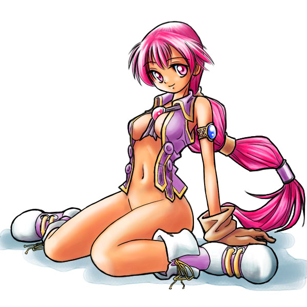 1girls armlet bottomless breasts dark_chronicle dark_cloud_2 female gloves hair_tubes long_hair monica monica_raybrandt multiple_hair_ties no_panties open_clothes open_shirt pink_eyes pink_hair purple_eyes purple_hair shirt solo