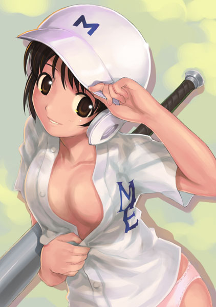 1girls baseball baseball_bat baseball_helmet blouse bottomless breasts brown_eyes brown_hair cleavage cute female helmet major major_(series) mikazuki_akira no_bra no_pants open_clothes open_shirt panties pink_panties shimizu_kaoru shirt short_hair sketch small_breasts smile solo standing tomboy unbuttoned underwear undressing white_panties