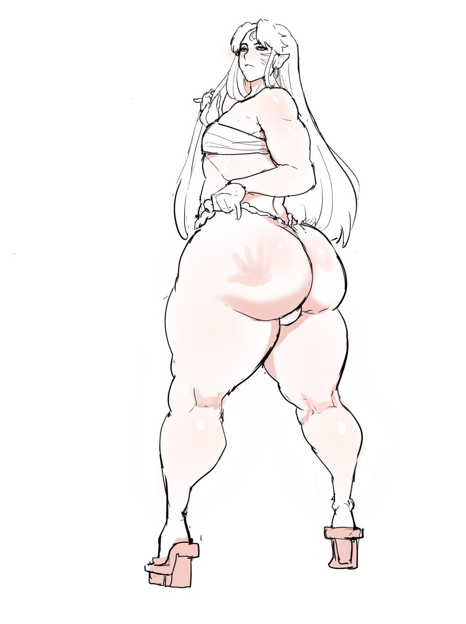1boy, ass, backsack, balls, ballsack, barely clothed, big ass, bottom heavy, bottom heavy femboy, donaught, earrings, femboy, fundoshi, girly, handprint, heels, huge ass, inuyasha, long hair, looking at viewer, looking back, male, male only, pointy ears, sesshoumaru, solo, spank mark, thick thighs, trap, uncensored, wide hips