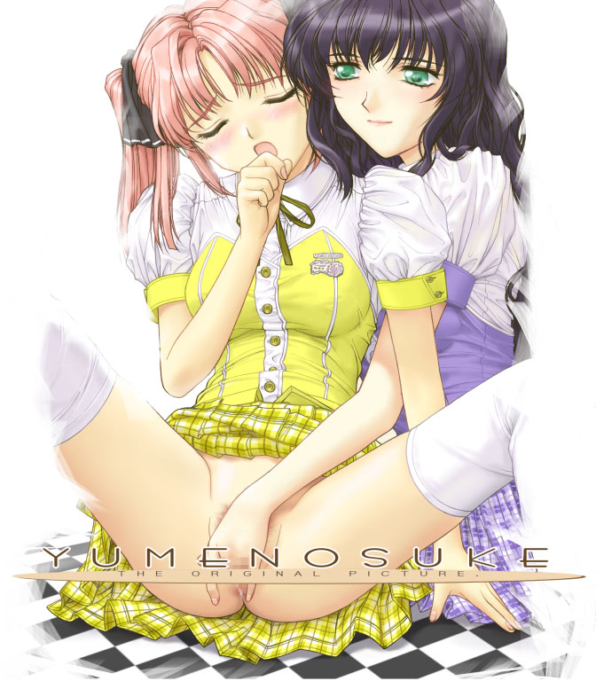 2girls black_hair censored closed_eyes clothing female fingering fingering_from_behind green_eyes multiple_girls no_panties original pink_hair pubic_hair reach_around sitting skirt skirt_lift spread_legs stockings thighhighs tied_hair twintails waitress yumenosuke yuri