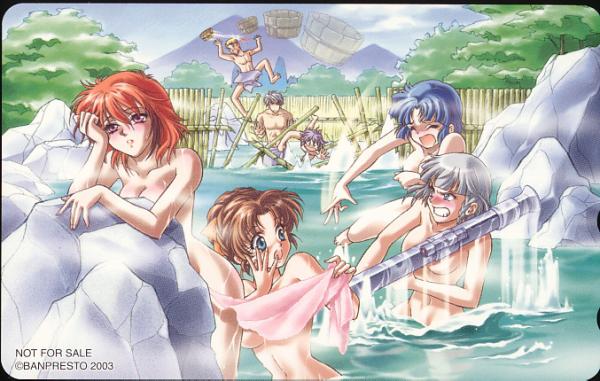 3boys 4girls against_wall angry arad_baranga bamboo bangs barefoot bazooka blonde_hair blood blue_eyes blue_hair blunt_bangs blush braid breasts brown_hair bucket card_(medium) censored chest cleavage clenched_teeth closed_eyes cloud convenient_censoring covering covering_breasts feet fence gun hair_bun hair_ribbon hand_on_own_face ibis_douglas kouno_sachiko kusuha_mizuha leg_lift looking_away mizuha_kusuha motion_blur mound_of_venus mountain multiple_boys multiple_girls naked_towel nature navel nude official_art onsen open_mouth outdoors parted_bangs phonecard pink_eyes purple_eyes red_hair ribbon rock sanger_zonvolt scan screaming seolla_schweitzer seolla_schweizer short_hair side_braid silver_hair single_braid sky splash spread_legs standing steam super_robot_wars surprised takakura_tsugumi throwing towel tree tripping tsugumi_takakura underboob wading water weapon wet wince