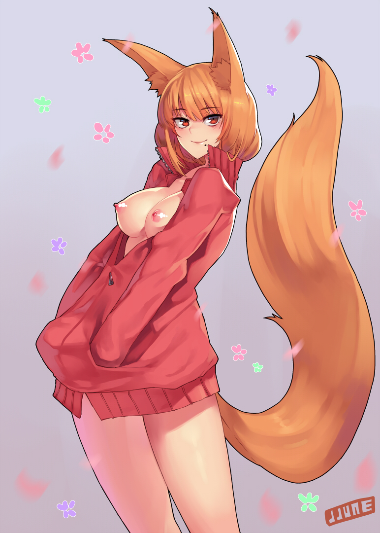 1girls animal_ears artist_name breasts female fox_ears fox_tail jacket jjune looking_at_viewer medium_breasts mole mole_under_mouth naked_coat nipples open_clothes open_jacket orange_hair original red_eyes short_hair simple_background smile solo sweater tail thighs