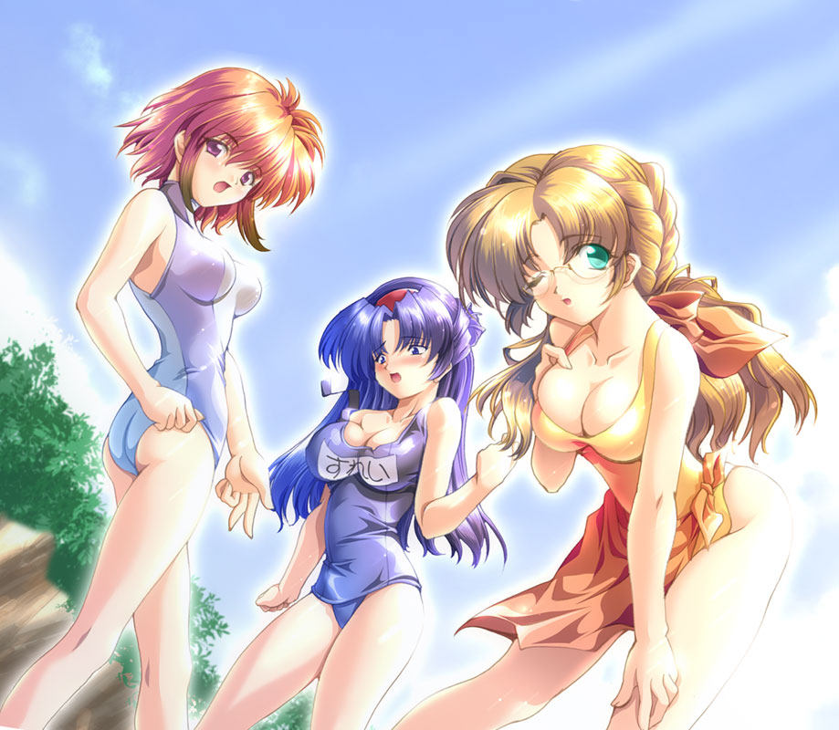 3girls ass blue_eyes blue_hair blush breasts brown_hair cleavage female female_only glasses green_eyes gunner-l hair_ribbon hairband ibis_douglas long_hair multiple_girls name_tag one-piece_swimsuit open_mouth ponytail purple_eyes red_hair ribbon school_swimsuit short_hair sleigh_presty srey_presti super_robot_wars swimsuit takakura_tsugumi tied_hair tsugumi_takakura wink