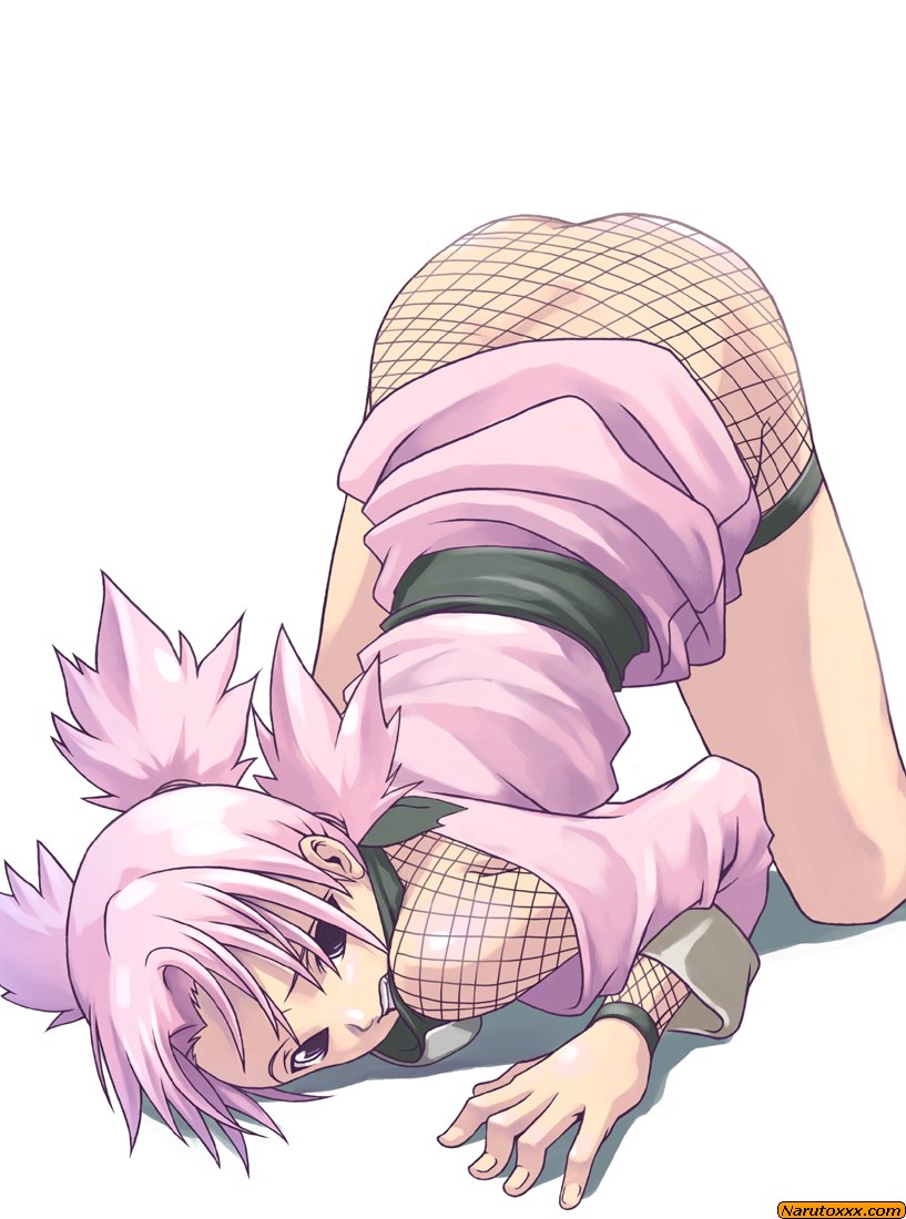 color female female_only fishnets forehead_protector human naruto narutoxxx no_panties pink_eyes pink_hair quad_tails simple_background solo straight_hair tasaka_shinnosuke temari top-down_bottom-up watermark