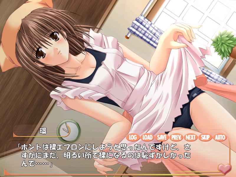 1girls apron bin_can_darling blush brown_hair ceiling chiba_chinatsu curtains dutch_angle facing_viewer game_cg head_scarf hidaka_tamaki indoors japanese_text jpeg_artifacts legs_together long_hair looking_at_viewer one-piece_swimsuit potted_plant school_swimsuit skirt skirt_lift small_breasts solo swimsuit swimsuit_under_clothes thigh_gap translation_request visual_novel wall_clock window wooden_ceiling