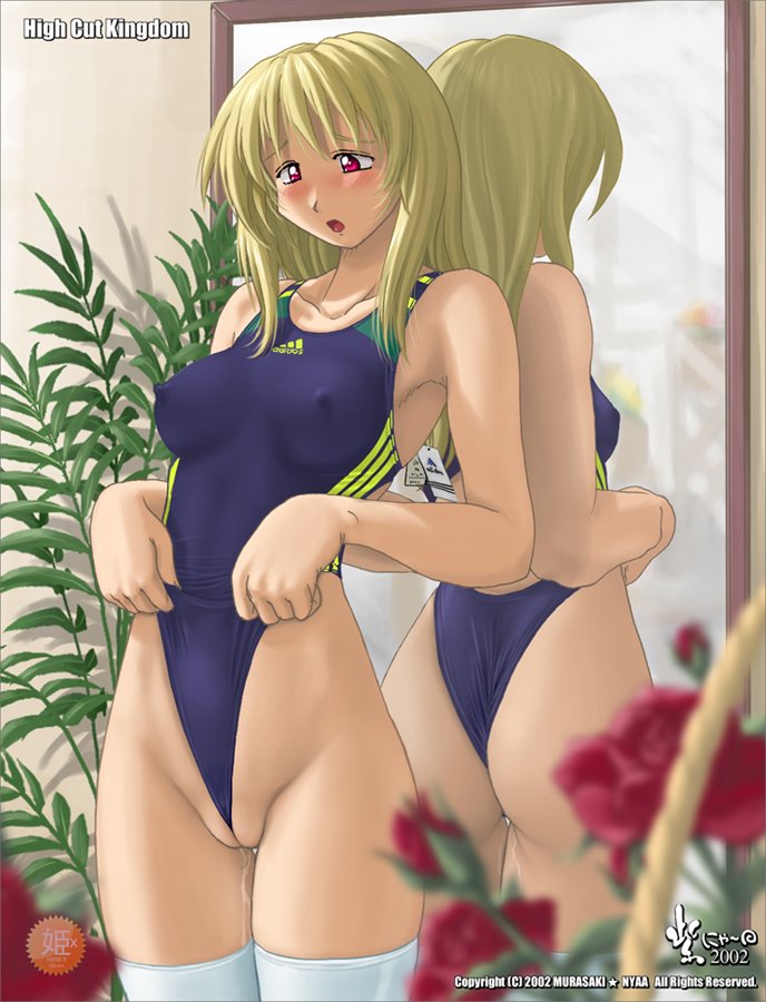 ass between_labia blonde_hair blush cameltoe drip dripping erect_nipples frontal_wedgie high_cut_kingdom innie_pussy mirror murasaki_nyaa nipples nyanko_batake one-piece_swimsuit red_eyes self_wedgie shaved_pussy swimsuit wedgie