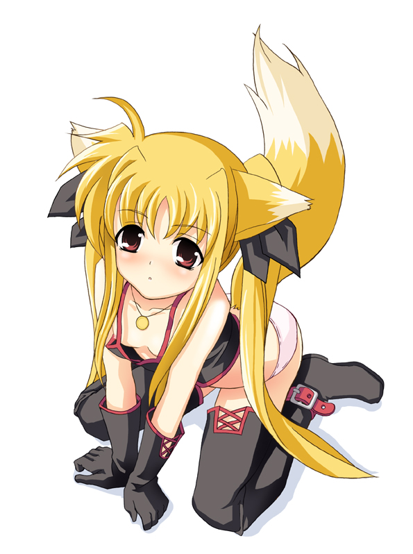 animal_ears date_(artist) fate_testarossa fox_ears lyrical_nanoha mahou_shoujo_lyrical_nanoha nipple_slip nipples solo thighhighs