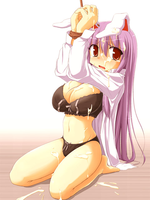 1girls animal_ear barefoot bondage bound_wrists bra breasts bunny_ear cleavage cruelty_to_animals cum female kurikara large_breasts lingerie long_hair open_clothes open_shirt panties purple_hair red_eyes reisen_udongein_inaba rope seiza shirt sitting solo touhou underwear