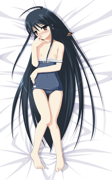 1girls barefoot black_hair blush female flat_chest long_hair name_tag ogata one-piece_swimsuit school_swimsuit shakugan_no_shana shana solo swimsuit swimsuit_pull very_long_hair