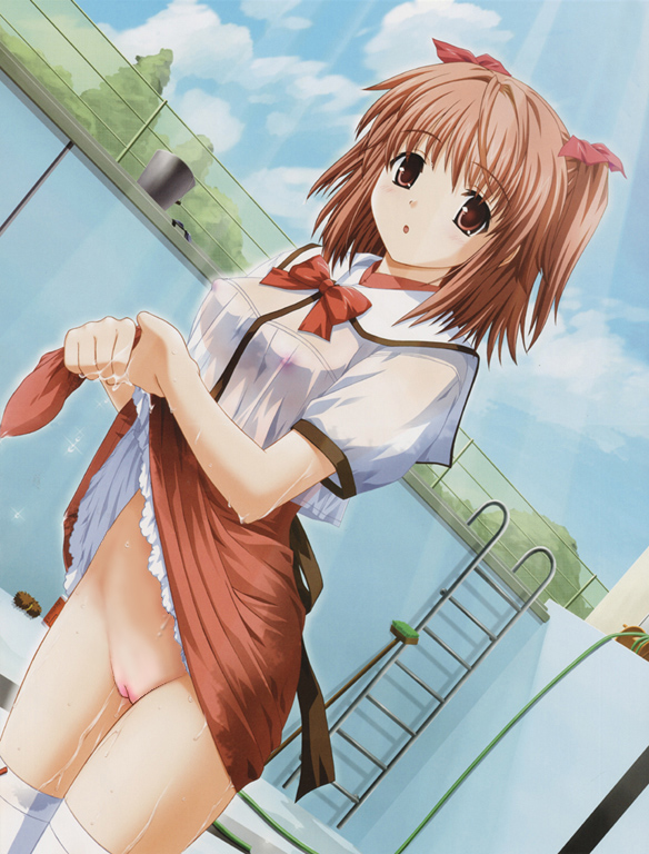 blush breasts brown_eyes brown_hair cloud clouds female game_cg hair_ribbon makino_konoha nekonyan no_panties nude nude_filter photoshop pool pussy raspberry_(game) ribbon see-through short_hair skirt skirt_lift sky solo thighhighs uncensored wet wet_clothes wet_shirt wetshirt zenra