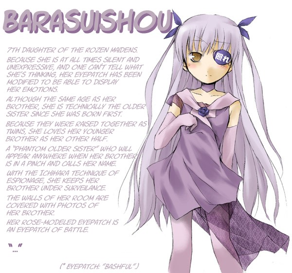 barasuishou blush character_profile dress elbow_gloves eye_patch gloves hair_ornament hard_translated long_hair pantyhose plastic_erazer purple_dress purple_hair rozen_maiden short_dress smile solo translated translation_request very_long_hair yellow_eyes