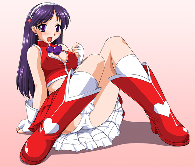 ankoku_inu_shougun athena_asamiya blush boots breasts cleavage cleavage_cutout female female_only fingerless_gloves footwear gloves hairband human king_of_fighters kneehighs lingerie midriff miniskirt panchira_sit panties pantyshot pantyshot_(sitting) pantyshot_sitting petticoat purple_eyes purple_hair sitting skirt snk socks solo underwear upskirt white_kneehighs white_legwear white_panties