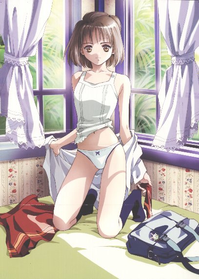 backpack bed bedroom female lingerie randoseru school_uniform seifuku serafuku short_hair underwear undressing