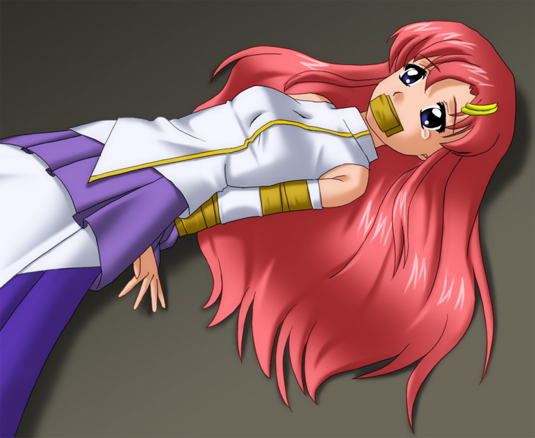 arms_behind_back blue_eyes bondage bound_arms gag gagged gundam gundam_seed kannazuki_okuto lacus_clyne lying on_back pink_hair seed solo tape tape_bondage tape_gag taped_arms taped_mouth