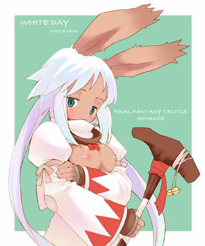 animal_ears b.tarou breast_squeeze breasts bunny_ears dark-skinned_female dark_skin female female_only final_fantasy final_fantasy_tactics final_fantasy_tactics_advance humanoid long_hair lowres nipples silver_hair solo staff viera white_hair white_mage