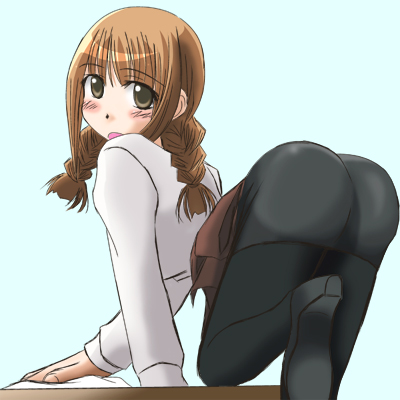 ass black_legwear blush brown_eyes brown_hair clothing lowres momose_kurumi open_mouth pani_poni_dash! pantyhose skirt solo twin_braids